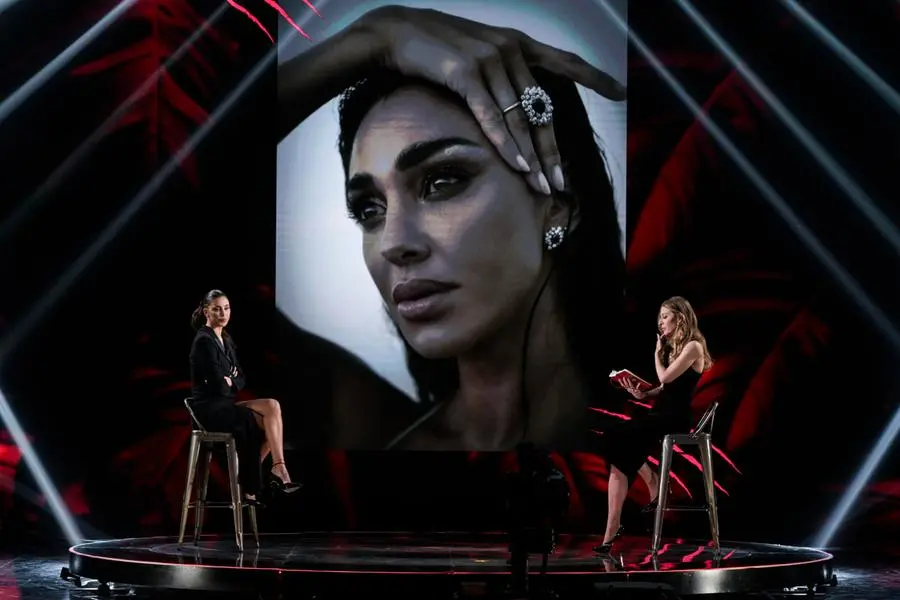 Belen Rodriguez con Francesca Fagnani durante la trasmissione televisiva Belve in onda su Rai Due , ANSA