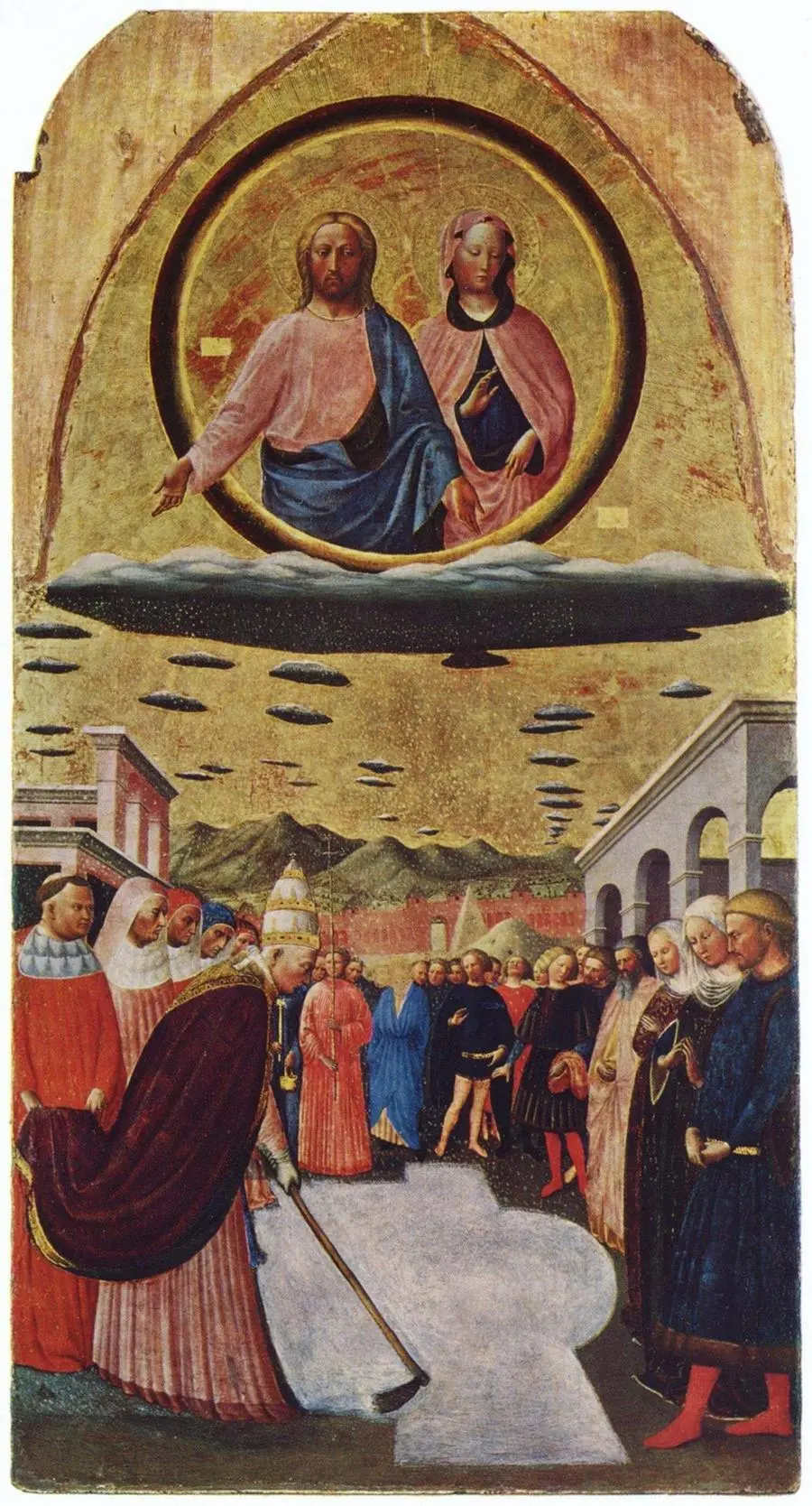 Masolino da Panicale, Miracolo della neve (1428-1432 circa), Museo e Real Bosco di Capodimonte, Napoli. La tavola raffigura la leggendaria nevicata d’agosto sul colle Esquilino che, secondo la tradizione, indicò a papa Liberio il luogo dove sarebbe sorta la Basilica di Santa Maria Maggiore. Opera di Masolino da Panicale, è uno dei più celebri racconti per immagini del prodigio all’origine del culto della Madonna della Neve