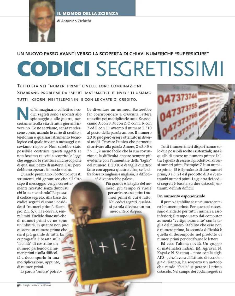 La rubrica \\\"Il mondo della scienza\\\" tenuta da Antonino Zichichi su Famiglia Cristiana