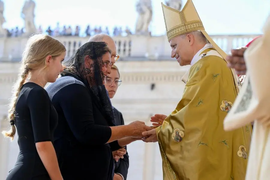 Carlo Acutis' mother, Antonia Salzano, with Pope Leo XIV during her son's canonization last September 7 in St. Peter's Square