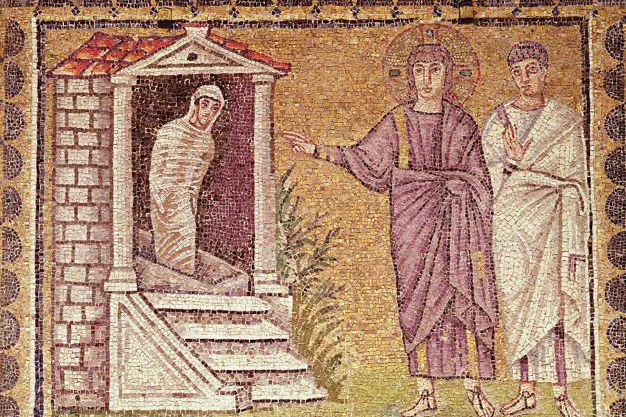 XIR193452 The Raising of Lazarus, Scenes from the Life of Christ (mosaic) by Byzantine School, (6th century); Sant\\\\\\'Apollinare Nuovo, Ravenna, Italy. , Bridgeman Images