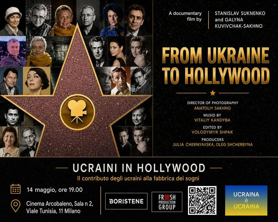La locandina della proiezione del documentario \\\"From Ukraine to Hollywood\\\" a Milano il 14 maggio.