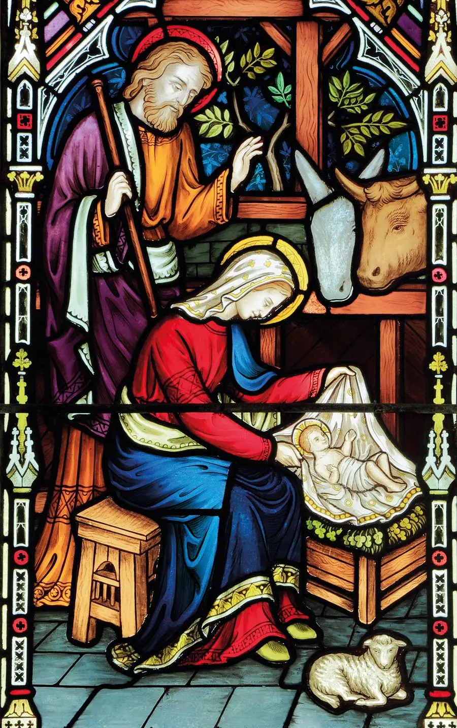 Burnham Deepdale, The Nativity, stained glass window, by Frederick Preedy, 1876, Norfolk, Joseph, Mary, baby Jesus, Stable, lamb , Holmes Garden Photos