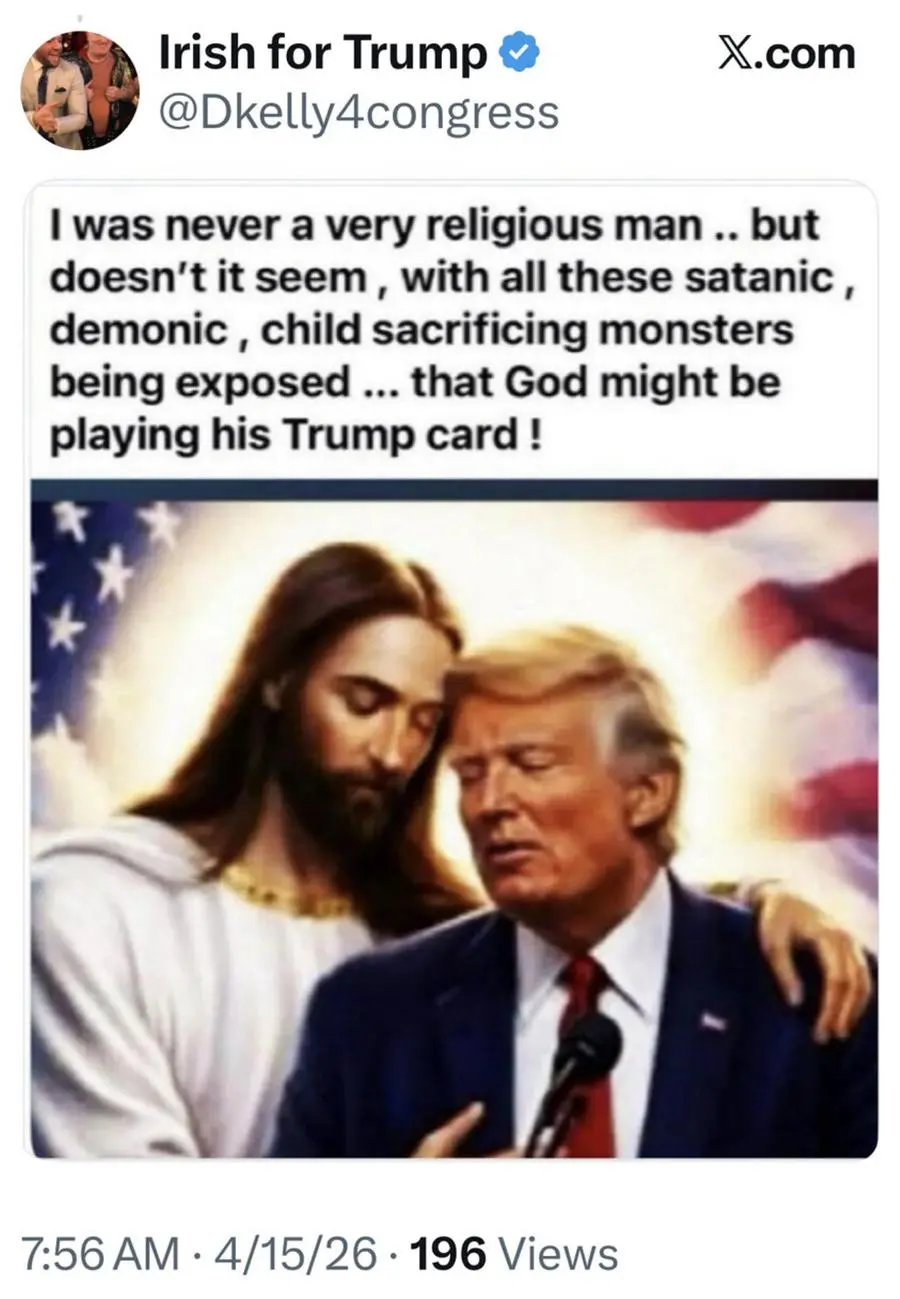 The President of the United States of America Donald Trump publishes a post with a photo of himself next to Jesus, who embraces him while he rests his head on that of the messiah, Rome, 15 April 2026. TRUTH/THEREALDONALDTRUMP