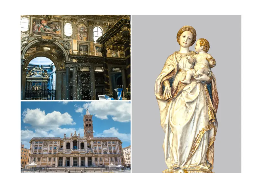 Da sinistra in alto: la rievocazione del \"miracolo della neve\" all\\'interno della Basilica, l\\'icona della Madonna della Neve e la facciata di Santa Maria Maggiore