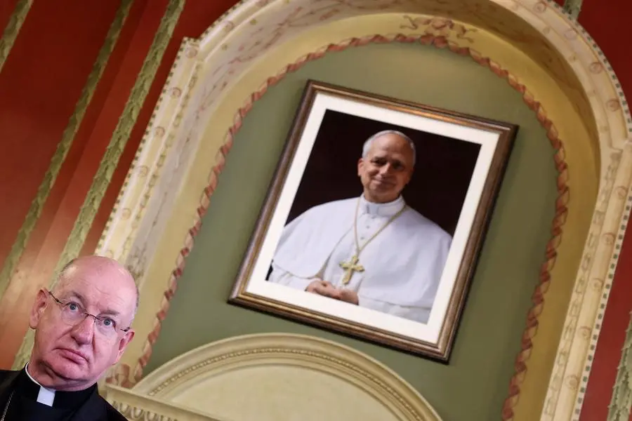 Richard Moth, newly appointed as Archbishop of Westminster, appears next to a portrait of Pope Leo XIV as he attends a press conference at the Archbishop's House, in London, Britain, December 19, 2025. REUTERS/Toby Melville
