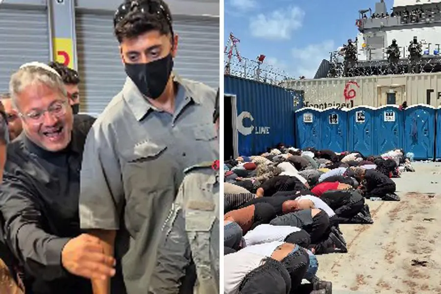 Un frame tratto da un video pubblicato sul profilo X @itamarbengvir. Il ministro della Sicurezza Nazionale Itamar Ben-Gvir ha visitato il porto di Ashdod, dove sono detenuti gli attivisti della flottiglia fermati dalla marina militare israeliana e, come diffuso sui suoi canali social sotto il titolo \\'Ecco come accogliamo i sostenitori del terrorismo\\', deride gli attivisti mentre camminano tra centinaia di detenuti, ammanettati e bendati in ginocchio e esulta: \\'\\'Benvenuti in Israele, siamo i padroni di casa\\'\\' e \\'\\'Il popolo d\\'Israele vive\\'\\' , ANSA