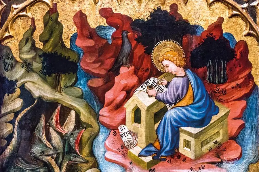 BBG11761449 Saint John the Evangelist on Patmos, 15th century (tempera on wood) by Mates, Joan or Juan (c.1370-1431); Musee Goya, Castres, France; (add.info.: Joan Mates; around 1370 - 1431. Saint John the Evangelist on Patmos, 1st quarter of the 15th century. Tempera on wood, H. 0.78 m; L. 0.92 m. Goya Museum, Castres INV number. 894-5-1); \\u00A9 Bernard Bonnefon. All rights reserved 2025. , Bridgeman Images