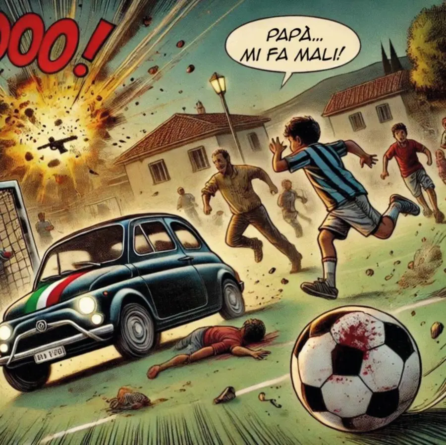 In the drawing, the last moments of Domenico's life \"Dodo\" Gabriele, killed by a stray bullet while playing football in Crotone in 2009. He was 11 years old.