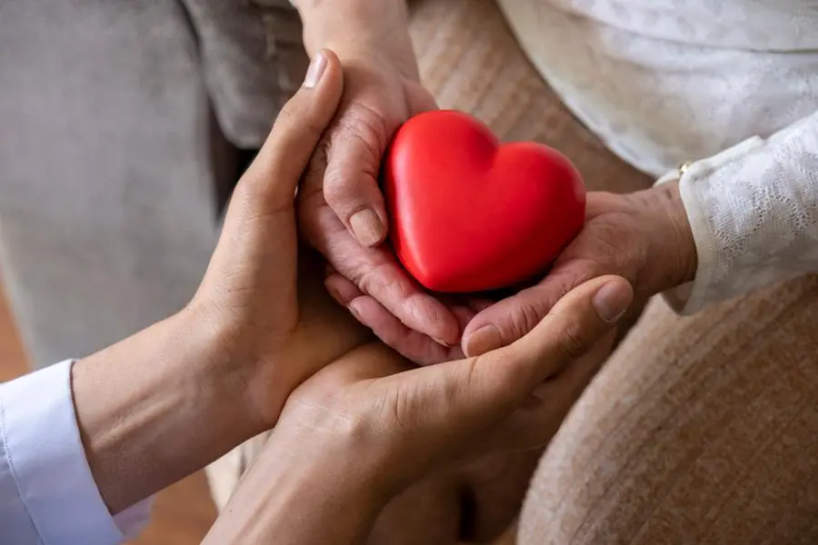 Taking care for the elderly concept with a wrinkled hands and young hands holding a red heart shape , Getty Images