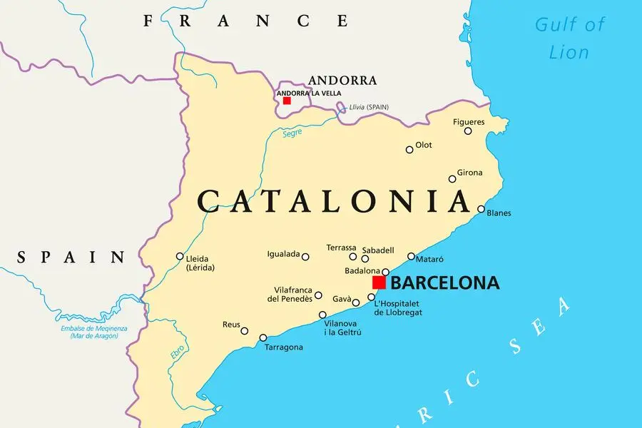 Independent Catalonia political map on the northeastern extremity of Iberian Peninsula. With capital Barcelona, borders and important cities. English labelling. Illustration. Vector.