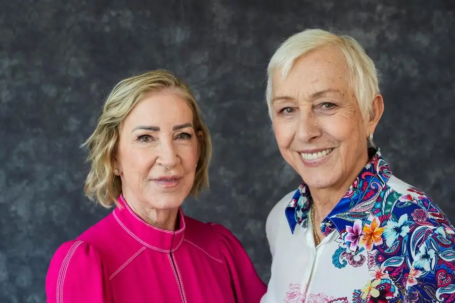 Tennis legends Chris Evert and Martina Navratilova pose for a picture after taking part in an interview with Reuters in New York City, U.S., June 10, 2026. REUTERS/Eduardo Munoz