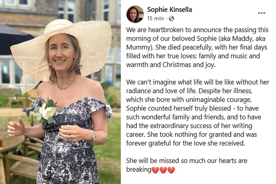 Il post che annuncia la morte della scrittrice Sophie Kinsella, 10 dicembre 2025 FACEBOOK/SOPHIE KINSELLA +++ ATTENZIONE: L'ANSA NON POSSIEDE I DIRITTI DI QUESTA FOTO CHE NON PUO' ESSERE PUBBLICATA SENZA L'AUTORIZZAZIONE DELLA FONTE DI ORIGINE CUI SI RINVIA +++ NPK +++