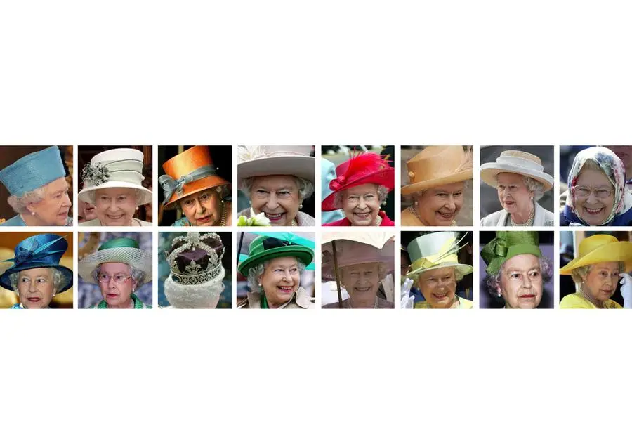 Combo della regina Elisabetta II con alcuni dei suoi copricapi. ANSA