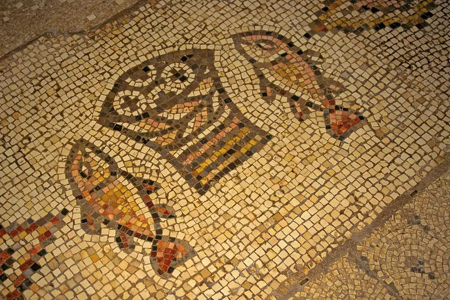 AW665W mosaic fish on the church floor at Tabigha where the multiplication of the loaves of bread and fishes took place , ipa