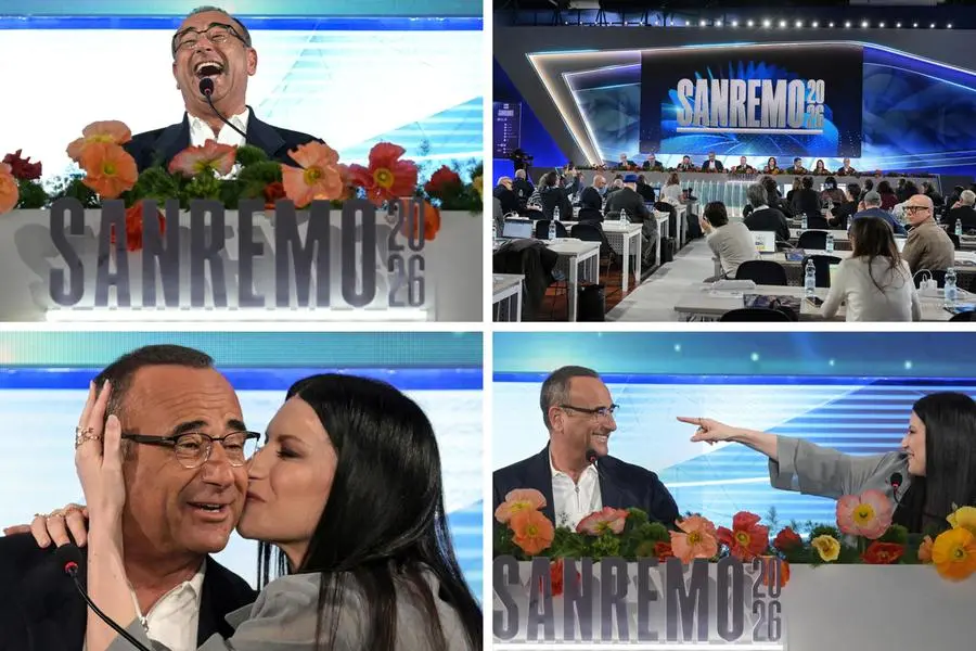 Alcune immagini della conferenza stampa con Carlo Conti e Laura Pausini