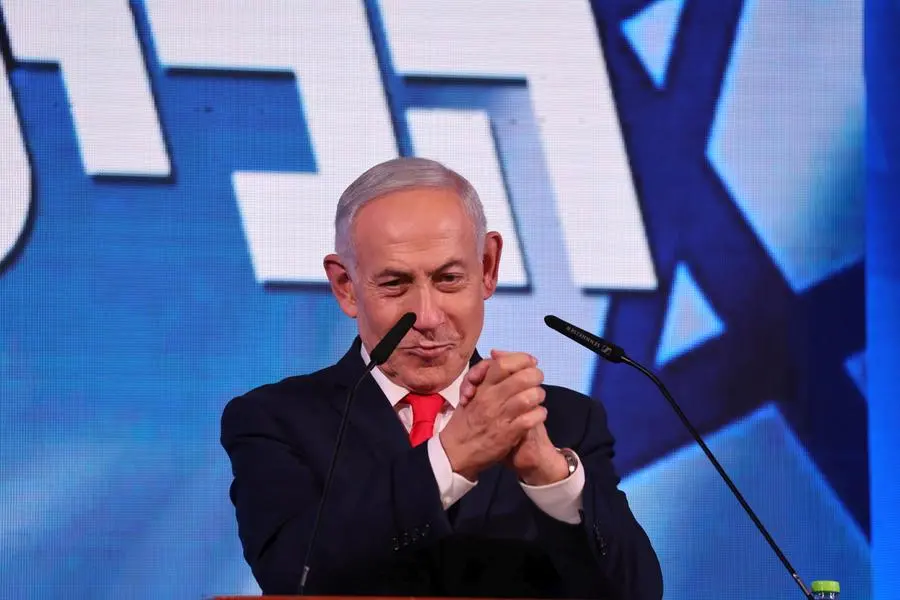 Il primo ministro israeliano Benjamin Netanyahu durante un evento elettorale del Likud, il suo partito, a Gerusalemme, il giorno dopo le elezioni , EPA
