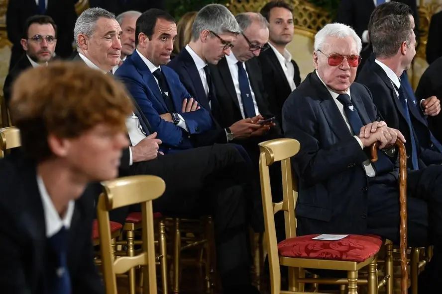 Jannik Sinner e Nicola Pietrangeli durante l'incontro al Quirinale tra il presidente della Repubblica e gli azzurri vincitori della Coppa Davis, Roma, 1 febbraio 2024