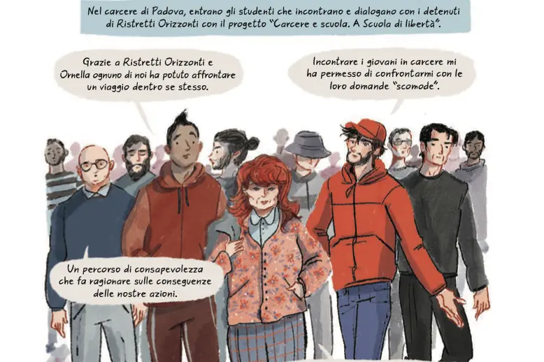 Il fumetto de La Revue Italia realizzato con la redazione in carcere a Padova di Ristretti Orizzonti. Al centro Ornella Favero, la fondatrice della testata