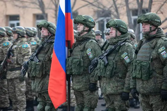 epa09682780 Russian servicemen attend the ceremony marking the beginning of the withdrawal of peacekeeping troops of the Collective Security Treaty Organisation (CSTO) from Kazakhstan in Almaty, Kazakhstan, 13 January 2022. In accordance with the decision of the CSTO Collective Security Council adopted on 06 January 2022, the collective peacekeeping forces of the Collective Security Treaty Organization (CSTO) have been sent 'for a limited time to stabilize and normalize the situation to Kazakhstan' at the request of the Kazakh president. They include units of the Armed Forces of Russia, Belarus, Armenia, Tajikistan and Kyrgyzstan. The Russian Ministry of Defence announced on 08 January that the tranfer of the Russian contingent of the CSTO peacekeeping forces to Kazakhstan's 'Almaty' and 'Zhitygen' airfields continued by military transport aircraft from Russia's airfields in the Moscow, Ivanovo, and Ulyanovsk regions. EPA/STR