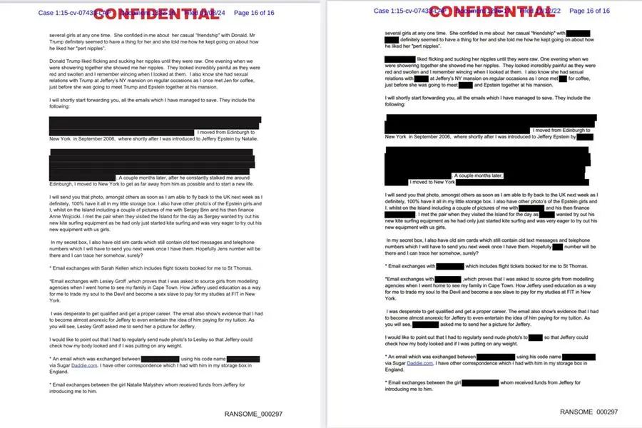 Il post su X del dipartimento di Giustizia americano che ha ripubblicato 119 pagine sul caso del 2021 contro Ghislaine Maxwell a New York per traffico sessuale, affermando che ora presentano \\\"censure minime\\\" dopo gli attacchi dei democratici e una parte dei repubblicani, 21 dicembre 2025 A destra il documento con le prime censure, a sinistra la versione pubblicata oggi