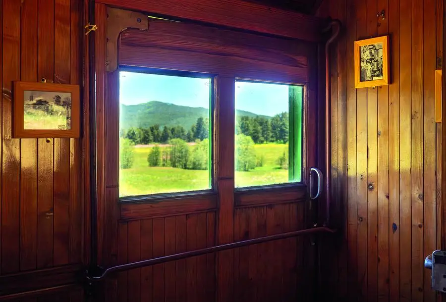 L'elegante interno d'epoca in legno di una carrozza.