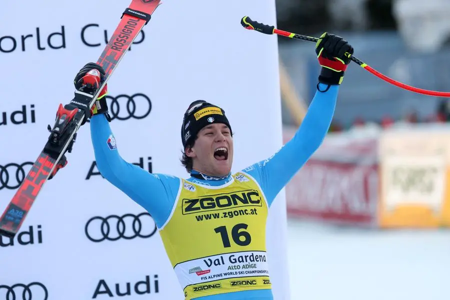 L\\'esultanza di Giovanni Franzoni, nel SuperG di Coppa del mondo in Val Gardena 19 dicembre 2025.