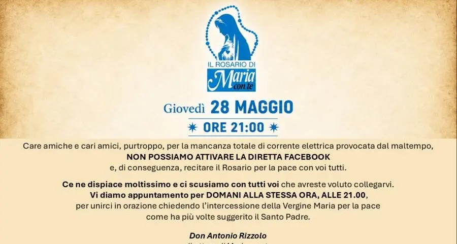 Rosario per la pace, la diretta saltata per il nubifragio: appuntamento questa sera alle 21 con Maria con te