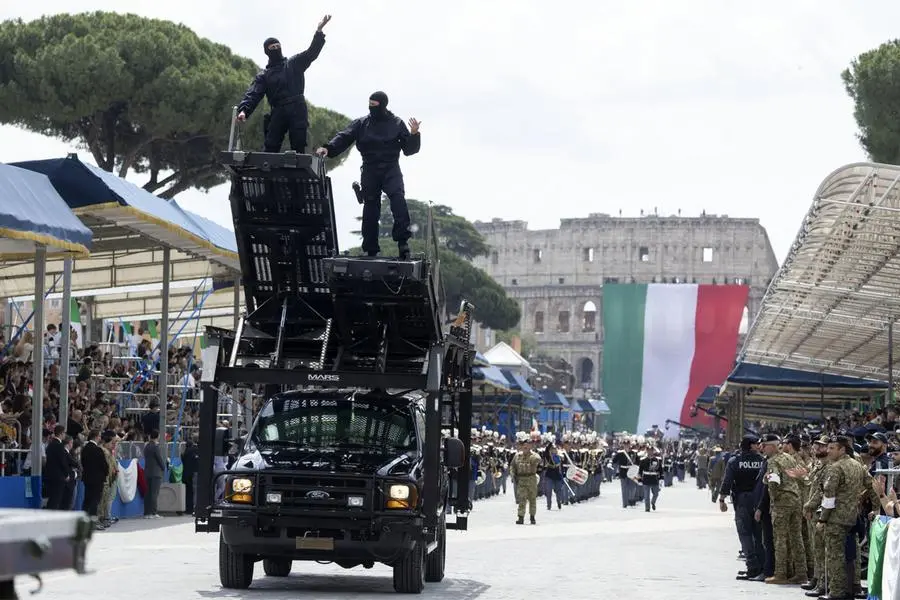 The annual military parade on the occasion of the 80th anniversary of Republic Day (Festa della Repubblica) at the Fori Imperiali, Rome, Italy, 02 June 2026. Republic Day is a national day of celebration established to commemorate the founding of the Italian Republic. It is celebrated every year on 02 June, the date of the institutional referendum of 1946, with the main celebration taking place in Rome. ANSA/MASSIMO PERCOSSI (military parade)