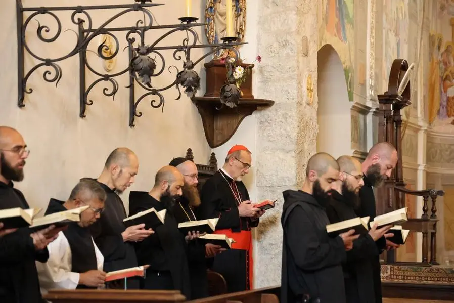 Cardinal Pierbattista Pizzaballa, patriarch of Jerusalem, recites Vespers in the Abbey of San Benedetto in Monte in Norcia
