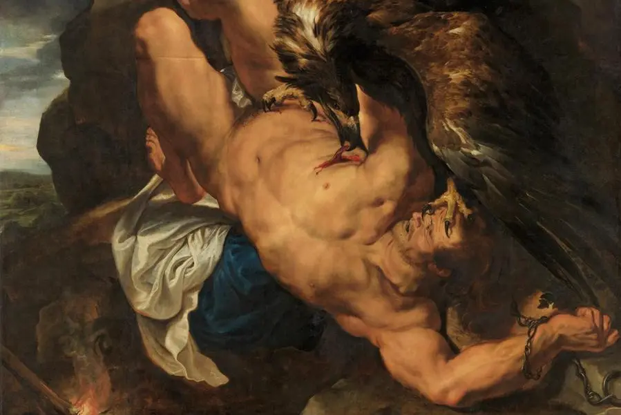 Peter Paul Rubens e Frans Snyders, Prometeo incatenato (Prometheus Bound), 1611-1618 circa, olio su tela. Il Titano, punito da Zeus per aver donato il fuoco agli esseri umani, \\u00E8 incatenato a una roccia mentre un\\u2019aquila gli divora il fegato