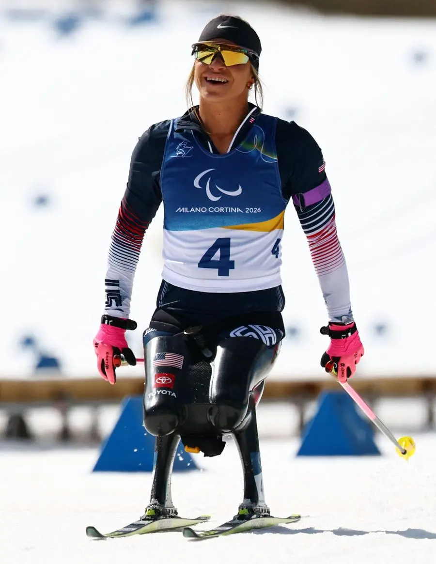Milano Cortina 2026 Paralympics - Para Biathlon - Women's Sprint Pursuit Sitting - Tesero Cross-Country Skiing Stadium, Lago, Italy - March 13, 2026. Oksana Masters of United States reacts after the final REUTERS/Sarah Meyssonnier